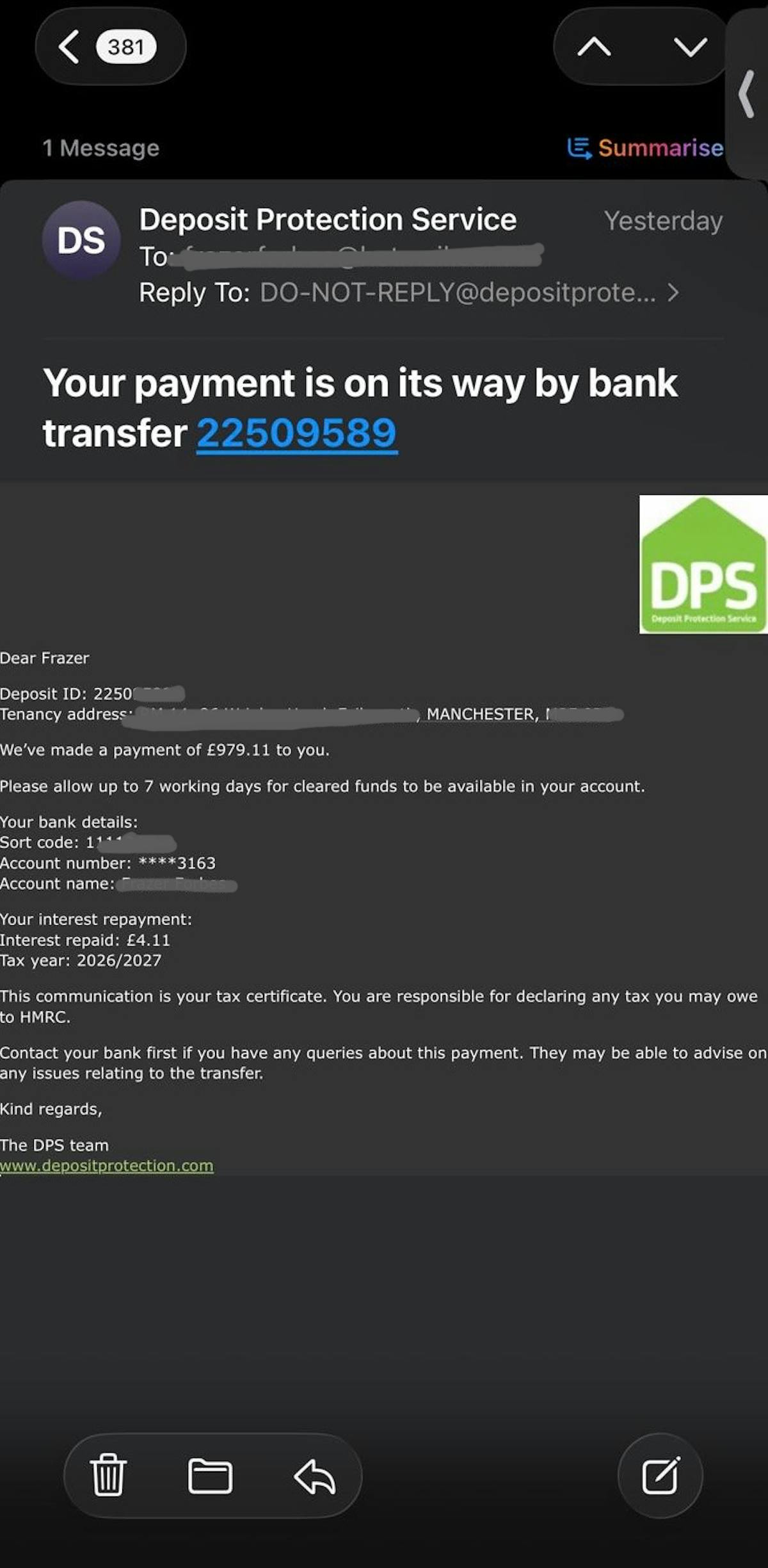 Email from Deposit Protection Service confirming a payment of £979.11 by bank transfer with interest repayment of £4.11 for tax year 2026/2027 to the recipient's account.