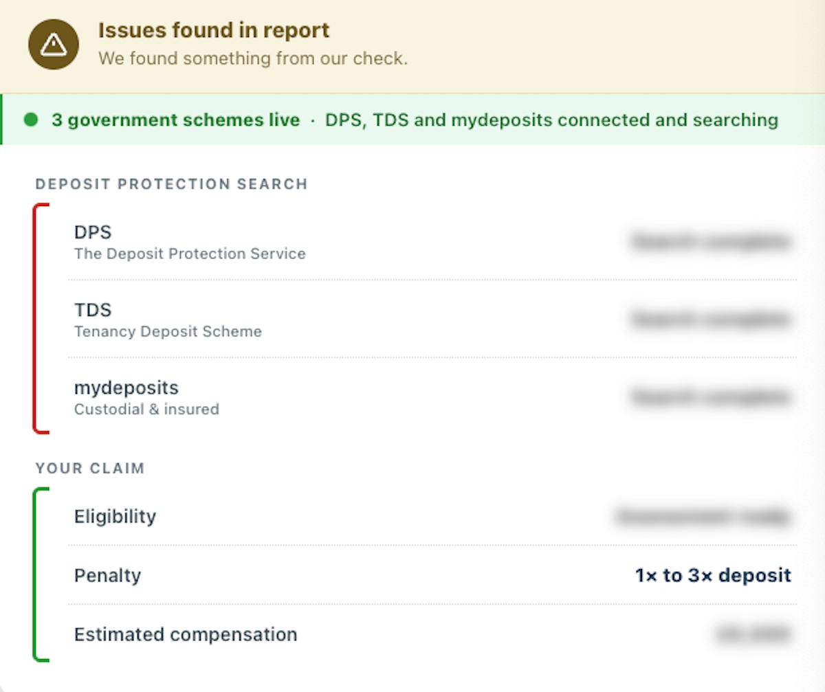 Notification of issues in a report showing three connected government deposit protection schemes (DPS, TDS, mydeposits) with search status and claim details including eligibility, penalty, and estimat